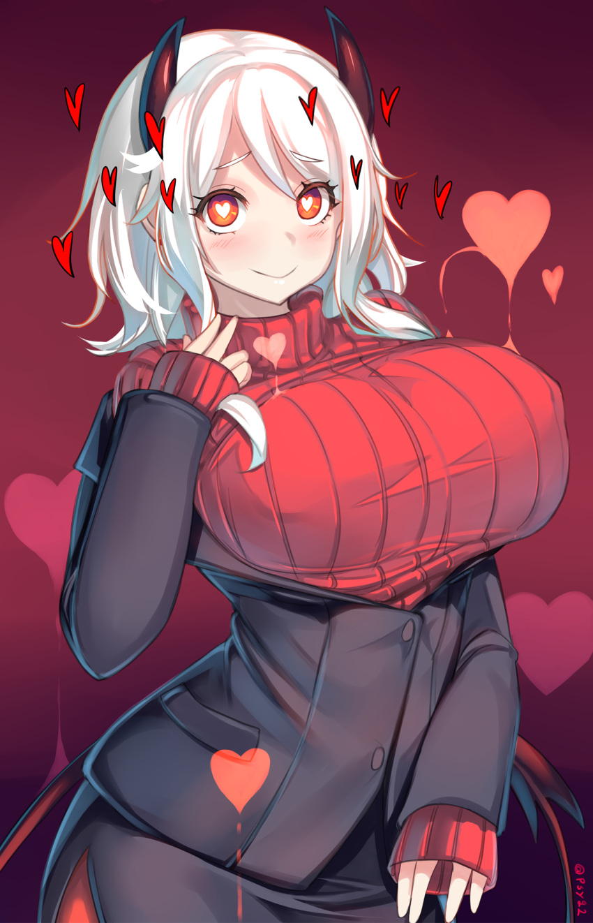 1girl alternate_breast_size artist_name bangs black_jacket black_skirt blush borrowed_character breasts commentary cowboy_shot demon_girl demon_horns gradient gradient_background hand_up heart heart-shaped_pupils helltaker highres horns huge_breasts jacket long_sleeves looking_at_viewer medium_hair modeus_(helltaker) red_background red_eyes red_sweater ribbed_sweater shiki_(psychedelic_g2) skirt sleeves_past_wrists smile solo sweater symbol-shaped_pupils tail turtleneck white_hair