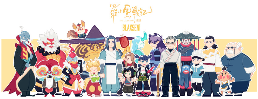 1girl 6+boys absurdres animal_ears aqua_hair artist_name bald beard belt black_pants blaxsen blue_hair brown_hair camouflage camouflage_shorts cat_ears character_request copyright_name facial_hair fengxi_(the_legend_of_luoxiaohei) food fox_ears fox_tail glasses hair_over_one_eye hands_up hat highres long_hair luoxiaohei luozhu_(the_legend_of_luoxiaohei) meat multiple_boys mustache nezha_(the_legend_of_luoxiaohei) orange_hair outline pan_jing_(the_legend_of_luoxiaohei) pants print_shirt profile purple_hair purple_headwear redhead ruoshui_(the_legend_of_luoxiaohei) shirt shirt_tucked_in short_hair short_sleeves shorts standing tail the_legend_of_luo_xiaohei tianhu_(the_legend_of_luoxiaohei) white_hair white_outline white_shirt wuxian_(the_legend_of_luoxiaohei) xuhuai_(the_legend_of_luoxiaohei)