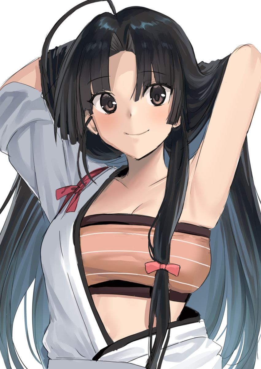 1girl ahoge akagi_kurage arms_behind_head bandeau black_hair blush breasts brown_eyes collarbone highres japanese_clothes kantai_collection long_hair looking_at_viewer low-tied_long_hair medium_breasts shouhou_(kancolle) simple_background smile solo upper_body white_background