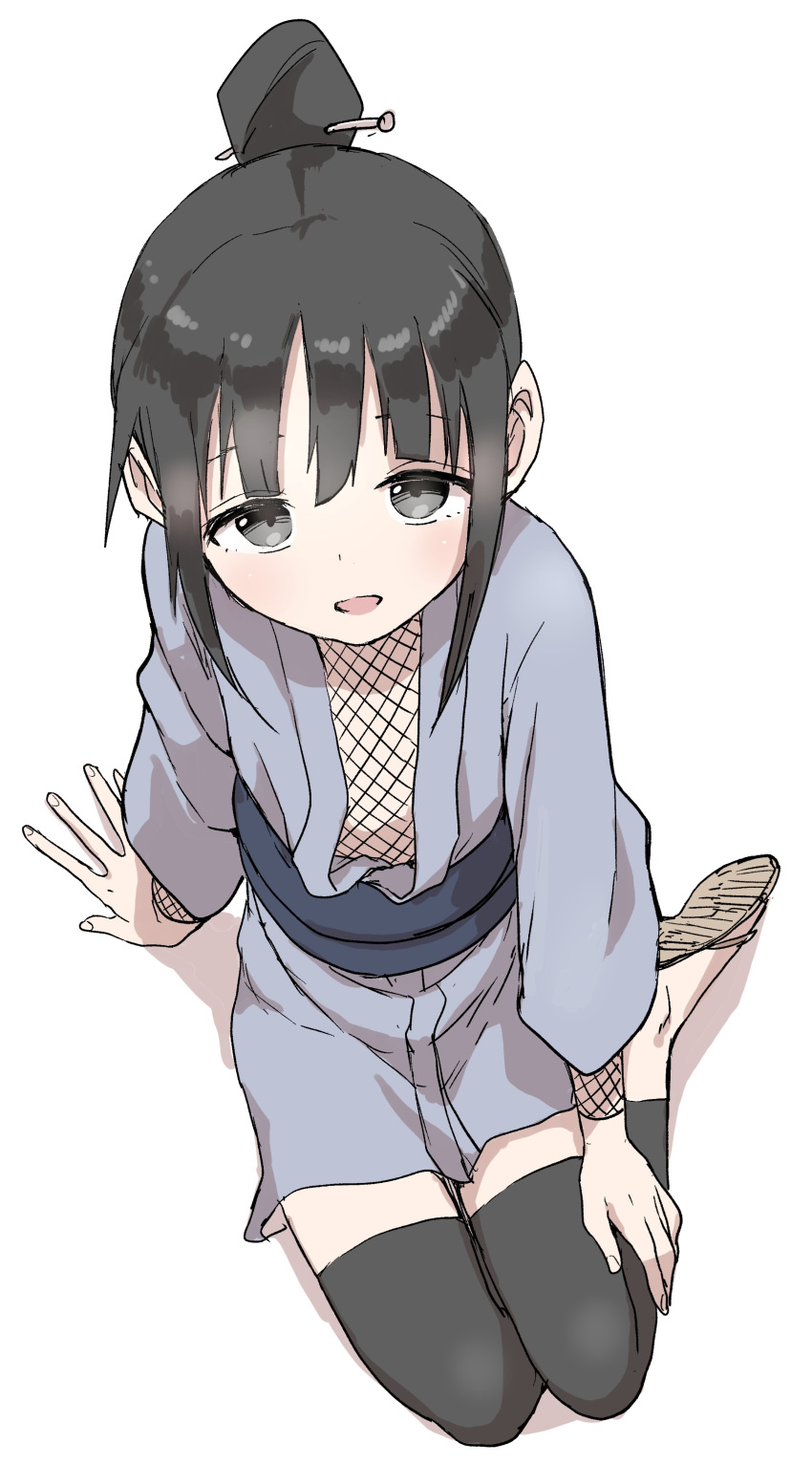 1girl :d absurdres arm_support bangs black_hair black_legwear blue_kimono brown_footwear commentary_request eyebrows_behind_hair fishnets from_above grey_eyes hair_bun hair_ornament hairpin highres japanese_clothes kimono kunoichi_tsubaki_no_mune_no_uchi lap_pillow_invitation leg_warmers long_sleeves looking_at_viewer looking_up mokuren_(kunoichi_tsubaki_no_mune_no_uchi) open_mouth sandals shadow shoe_soles sidelocks sitting smile solo white_background wide_sleeves yamamoto_souichirou yokozuwari