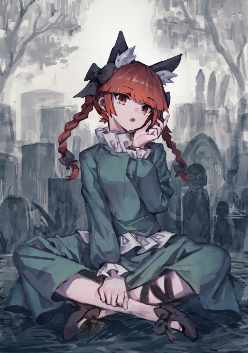 1girl :o animal_ear_fluff animal_ears bangs black_bow black_footwear black_ribbon blunt_bangs bow braid breasts cat_ears dress extra_ears eyebrows_visible_through_hair full_body graveyard green_dress hair_bow hair_ribbon hand_up highres indian_style kaenbyou_rin leg_ribbon long_hair looking_at_viewer medium_breasts open_mouth outdoors puffy_sleeves red_eyes redhead ribbon shoe_bow shoes sitting solo tombstone touhou tree tress_ribbon twilight twin_braids twintails yanyan_(shinken_gomi)