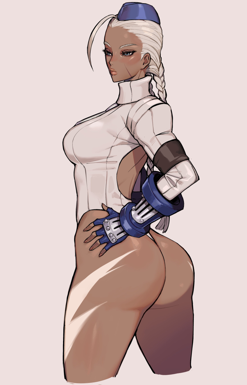 1girl absurdres ahoge alternate_color alternate_hair_color antenna_hair ass backless_outfit braid breasts cammy_white ennuigrl fingerless_gloves garrison_cap gauntlets gloves gyaru hat highres leotard lips medium_breasts scar scar_on_cheek scar_on_face simple_background solo street_fighter thighs twin_braids twintails