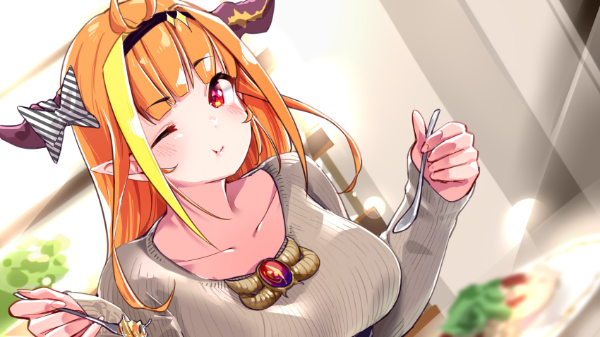1girl ahoge arms_up bangs blonde_hair blunt_bangs blurry blurry_background bow breasts brooch casual closed_mouth collarbone dragon_girl dragon_horns dutch_angle eyebrows_visible_through_hair food fork grey_sweater hairband highres holding hololive horn_bow horns jewelry kiryuu_coco large_breasts long_hair long_sleeves looking_at_viewer multicolored_hair one_eye_closed orange_hair pointy_ears red_eyes sleeves_past_wrists solo spoon streaked_hair sweater upper_body virtual_youtuber yuyaiyaui