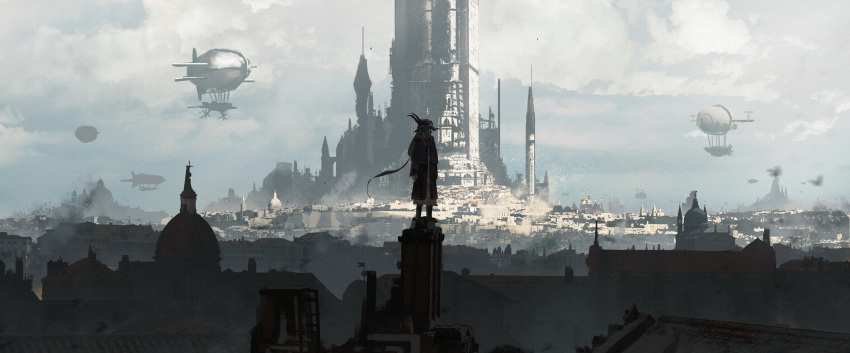 1girl absurdres aircraft asteroid_ill bird blonde_hair blur city cityscape clouds cloudy_sky dirigible fantasy flock full_body highres iris_(asteroid_ill) looking_afar low_ponytail medieval original scenery sky standing wide_shot