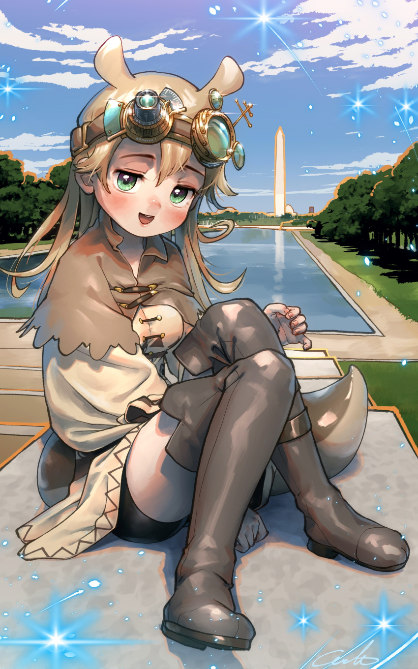 1girl :d absurdres bangs between_legs bike_shorts blonde_hair blush boots capelet clouds commentary day full_body glint goggles goggles_on_head green_eyes grey_footwear hair_between_eyes hand_between_legs highres horns long_hair looking_at_viewer obelisk open_mouth original outdoors signature sitting slug_girl smile solo sparkle tail thigh-highs thigh_boots tree water welt_(kinsei_koutenkyoku)