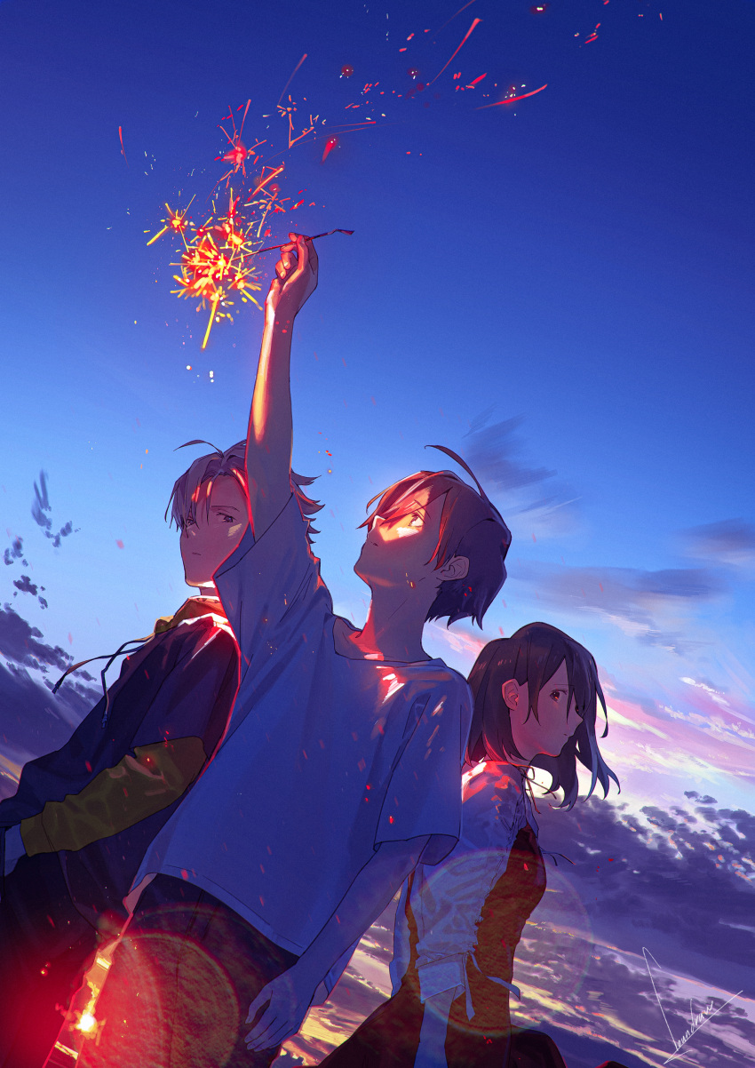 1girl 2boys absurdres ahoge artist_name backlighting bangs black_hair black_legwear black_skirt blue_sky brown_eyes closed_mouth clouds eyebrows_visible_through_hair fireworks floating_hair from_side hair_behind_ear hair_over_one_eye hand_up highres holding holding_sparkler hood hoodie lens_flare long_sleeves looking_at_viewer looking_away looking_down looking_up loundraw multiple_boys necktie original outdoors outstretched_arm red_neckwear red_ribbon reflection reflective_eyes ribbon shirt short_hair short_sleeves signature skirt sky sleeves_pushed_up sparkler standing summer sun sunlight sunset t-shirt tareme white_shirt wind yellow_sleeves