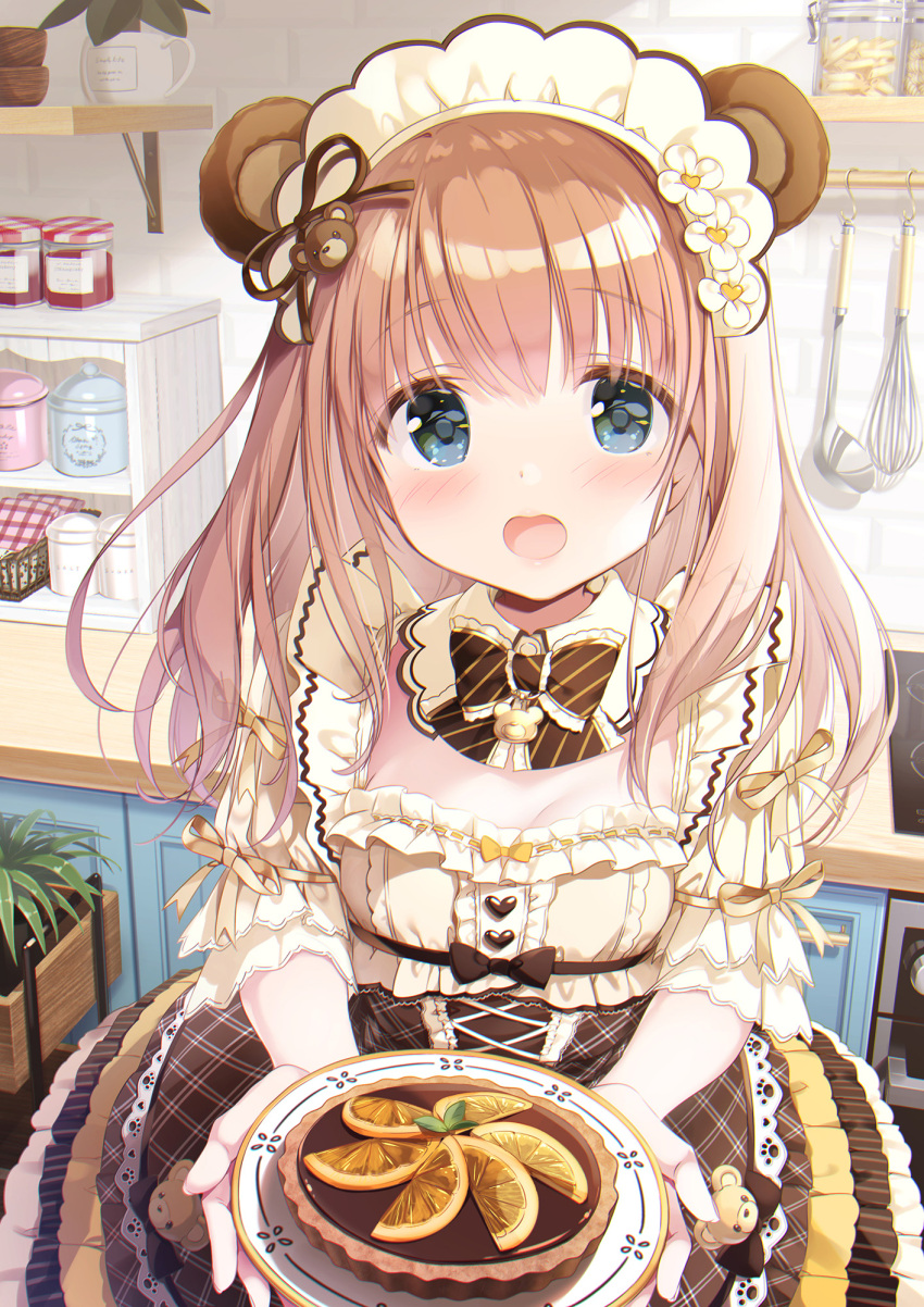 1girl animal_ears bear_ears blue_eyes blush bottle bow breasts brown_bow brown_hair brown_skirt commentary_request diagonal_stripes flower food frilled_skirt frills hair_flower hair_ornament highres holding holding_plate indoors kimishima_ao ladle long_hair looking_at_viewer momoi_saki open_mouth original plant plate potted_plant shelf shirt short_sleeves skirt small_breasts solo striped striped_bow whisk white_flower white_shirt