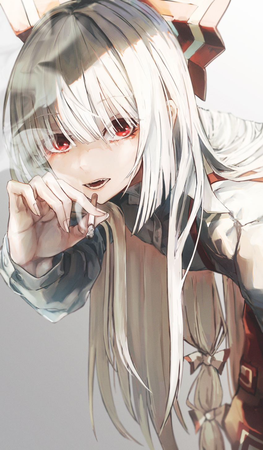 1girl absurdres bow cigarette commentary_request fujiwara_no_mokou grey_background hair_bow hand_up highres holding holding_cigarette huge_filesize leaning_forward long_sleeves looking_at_viewer open_mouth pants red_bow red_eyes red_pants safutsuguon shirt smoke solo suspenders touhou white_bow white_hair white_shirt