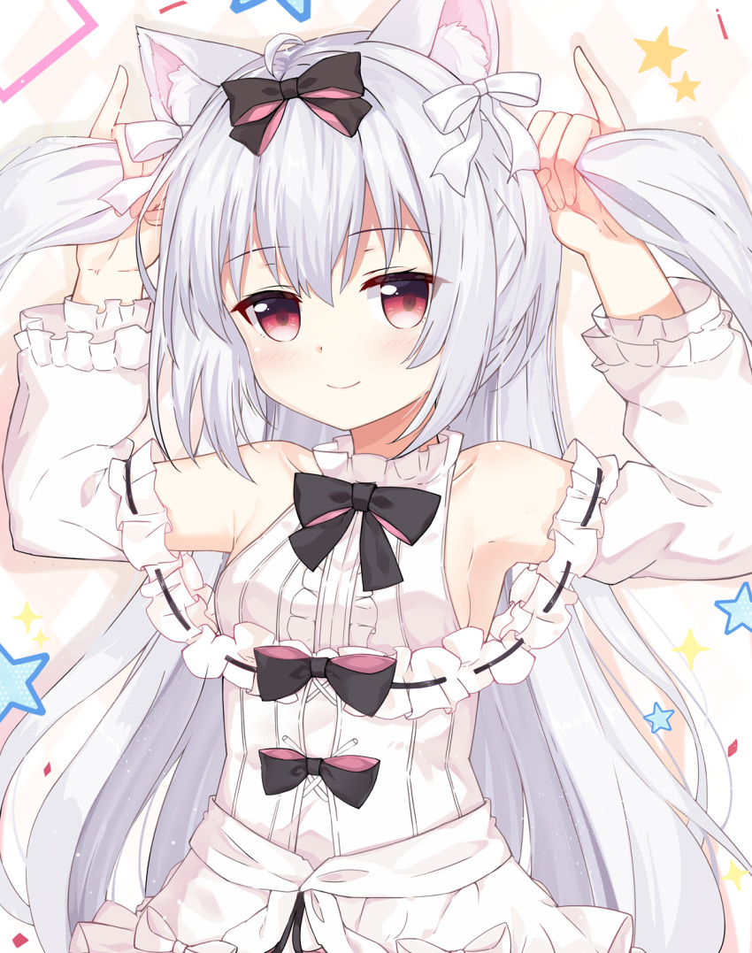1girl ahoge animal_ear_fluff animal_ears armpits arms_up azur_lane bare_shoulders bow bowtie bunching_hair cat_ears closed_mouth commentary_request detached_sleeves dress frilled_dress frills hair_bow highres kana_(kuaua) long_hair long_sleeves looking_at_viewer smile solo two_side_up upper_body white_dress white_hair yukikaze_(azur_lane) yukikaze_(swings-sama)_(azur_lane)