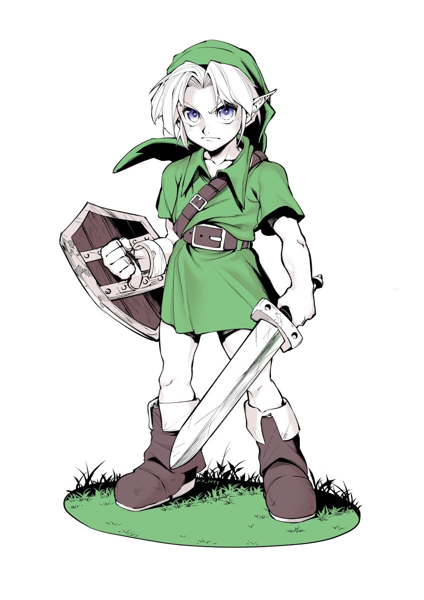 1boy absurdres belt blue_eyes brown_belt brown_footwear closed_mouth collarbone frown grass green_headwear hat highres holding holding_shield holding_sword holding_weapon link male_focus pointy_ears rx_hts scratches shield simple_background solo standing sword the_legend_of_zelda weapon white_background white_hair