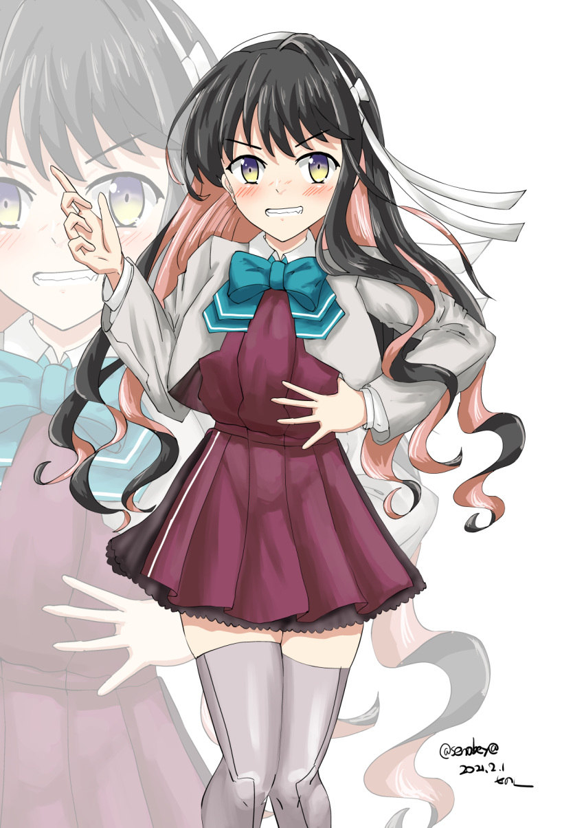 1girl black_hair blazer bow bowtie breasts dated dress eyebrows_visible_through_hair fang hair_between_eyes hair_down hairband halterneck highres jacket kantai_collection large_breasts long_hair multicolored_hair naganami_(kancolle) pink_hair purple_legwear remodel_(kantai_collection) senon shirt signature simple_background solo thigh-highs twitter_username two-tone_hair wavy_hair white_background white_hairband white_shirt