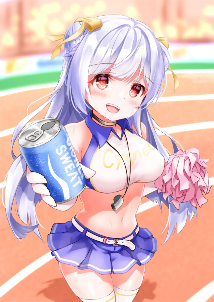 1girl azur_lane blush cheerleader cygnet_(azur_lane) hot looking_at_viewer outdoors pocari_sweat red_eyes ribbon shadow shorts smile sunlight sweat sweatband sweating_profusely track_and_field whistle whistle_around_neck white_hair