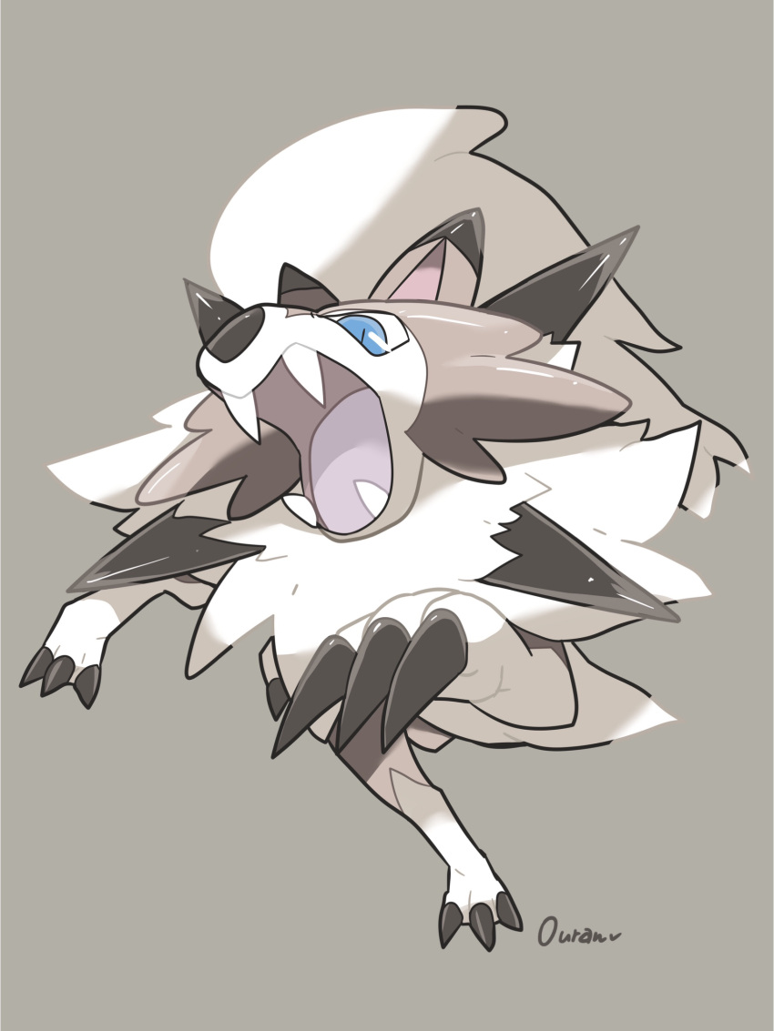 absurdres blue_eyes claws commentary fangs full_body gen_7_pokemon grey_background highres lycanroc lycanroc_(midday) no_humans open_mouth ouran pokemon signature simple_background solo tongue