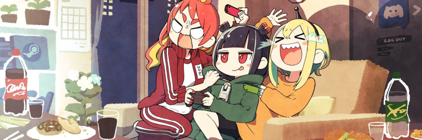 &gt;_&lt; 3girls :p amano_pikamee angry antennae arm_up bangs black_hair black_shorts blonde_hair blunt_bangs blush_stickers calendar_(object) chopsticks clock closed_eyes controller couch crying cup discord doughnut fiery_hair food game_controller green_hoodie green_shorts gyari_(imagesdawn) hair_ornament hairband hamburger hand_on_another's_shoulder happy hikasa_tomoshika holding holding_controller holding_game_controller hood hoodie indoors jacket jitomi_monoe laughing magnet medium_hair multiple_girls night official_art orange_shirt pants plant plate potted_plant red_jacket red_pants redhead room shadow shelf shirt short_hair shorts smile soda_bottle steam_(platform) thick_eyebrows tongue tongue_out track_jacket track_pants v-shaped_eyebrows voms wall_clock white_shirt zipper_pull_tab