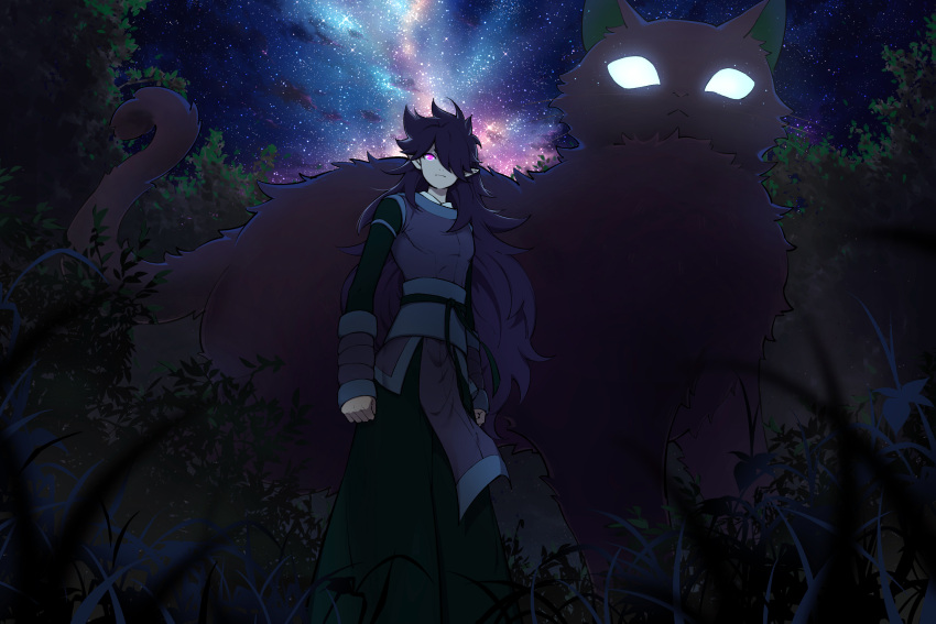 2boys dark feet_out_of_frame fengxi_(the_legend_of_luoxiaohei) glowing glowing_eyes hair_over_one_eye highres long_hair luoxiaohei mayracle multiple_boys night night_sky outdoors pointy_ears sky star_(sky) starry_sky the_legend_of_luo_xiaohei tree very_long_hair violet_eyes
