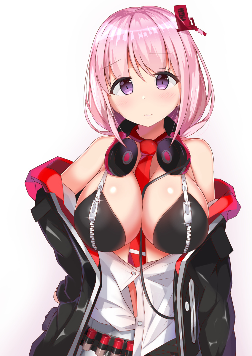 1girl bangs bare_shoulders between_breasts bikini black_bikini black_jacket blue_archive breasts eimi_(blue_archive) eyebrows_visible_through_hair glint hair_ornament hand_on_hip headphones headphones_around_neck highres hozumi_ruku jacket large_breasts light_frown long_sleeves looking_at_viewer necktie necktie_between_breasts pink_hair red_neckwear shiny shiny_hair shiny_skin shirt simple_background sleeves_past_wrists solo swimsuit upper_body violet_eyes white_background white_shirt zipper zipper_pull_tab