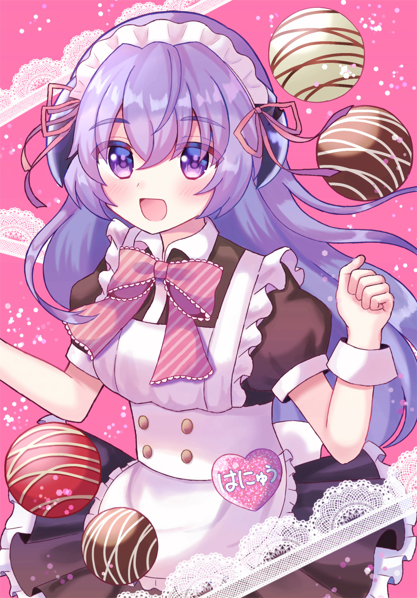 1girl absurdres apron bangs blush bow bowtie buttons chocolate clenched_hand commentary cowboy_shot ei_(user_pkrs2343) eyebrows_visible_through_hair frilled_apron frilled_neckwear frilled_skirt frills hanyuu highres higurashi_no_naku_koro_ni horns huge_filesize lace long_hair maid maid_headdress name_tag open_mouth pink_background pink_neckwear puffy_short_sleeves puffy_sleeves purple_hair short_sleeves simple_background skirt solo striped striped_neckwear translated violet_eyes white_apron wrist_cuffs
