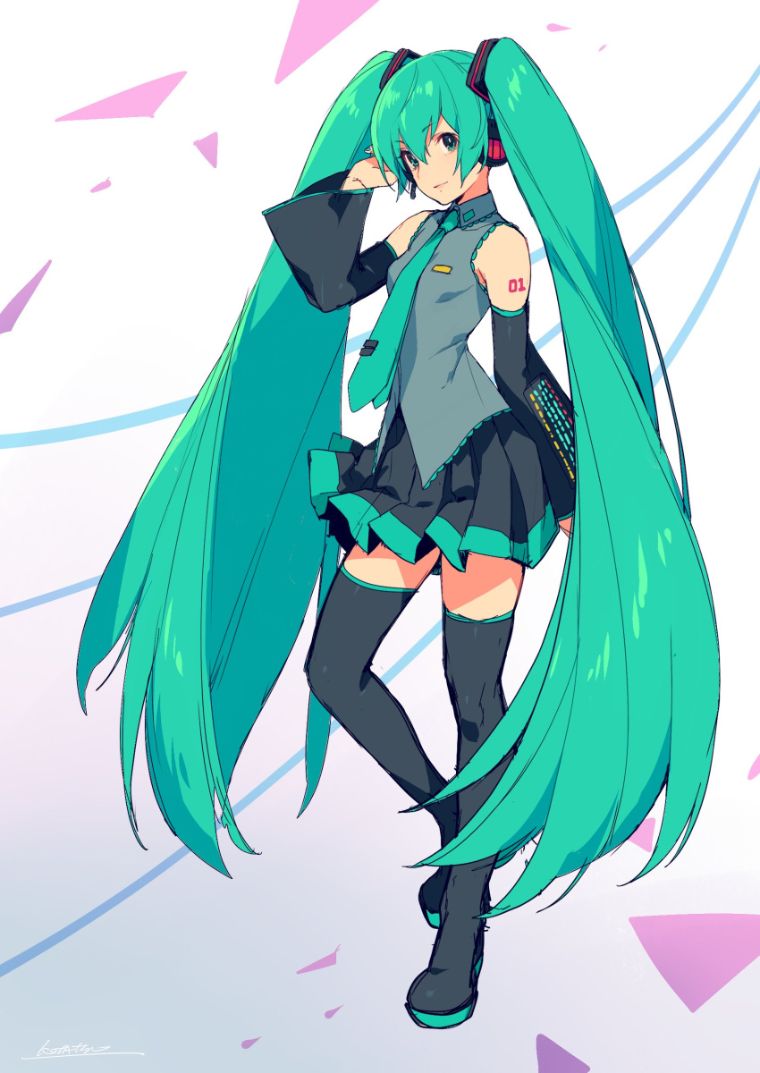 1girl absurdres bare_shoulders black_footwear black_legwear black_skirt boots closed_mouth detached_sleeves full_body green_eyes green_hair green_neckwear grey_shirt hand_up hatsune_miku headphones headset highres kotatsu_(g-rough) long_hair long_sleeves looking_at_viewer microphone miniskirt necktie number_tattoo pleated_skirt shirt shoulder_tattoo skirt sleeveless sleeveless_shirt smile solo tattoo thigh-highs thigh_boots twintails very_long_hair vocaloid wide_sleeves zettai_ryouiki