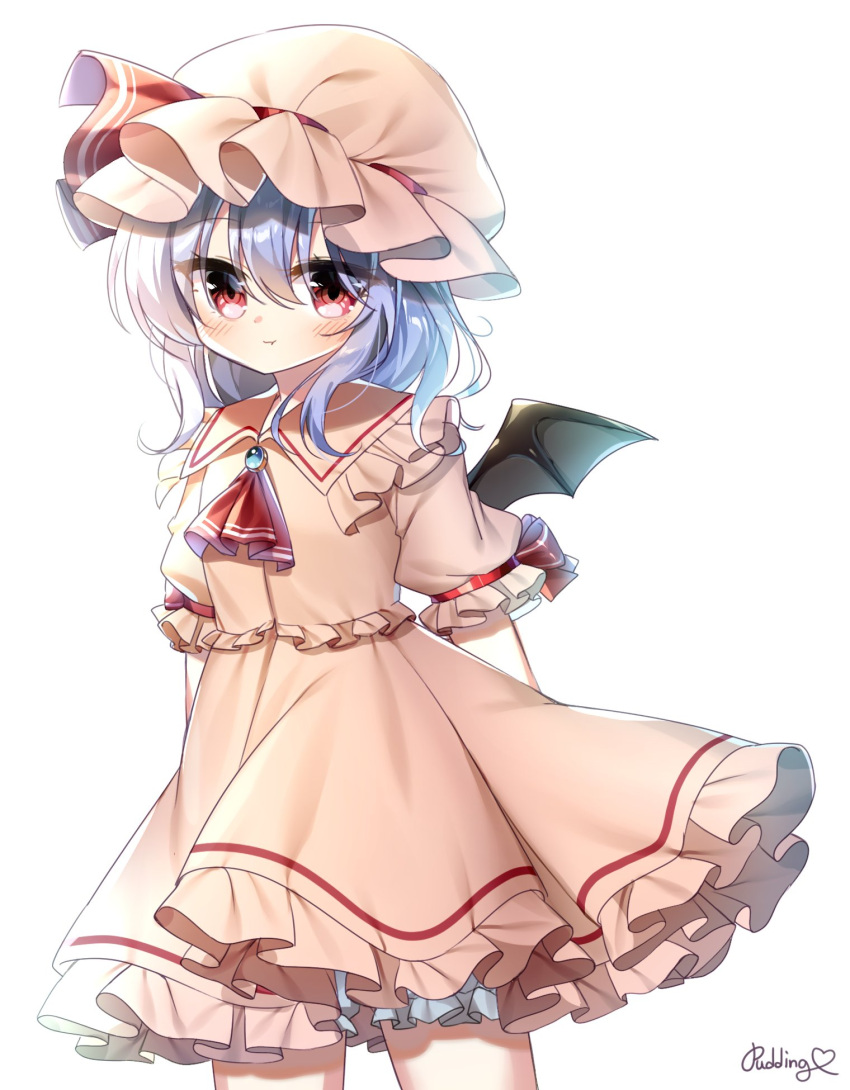 1girl artist_name ascot bat_wings blue_hair blush brooch closed_mouth commentary_request cowboy_shot dress eyebrows_visible_through_hair frilled_dress frilled_shirt_collar frilled_sleeves frills hat hat_ribbon heart highres jewelry looking_at_viewer medium_hair mob_cap pink_dress pink_headwear pout pudding_(skymint_028) puffy_short_sleeves puffy_sleeves red_eyes red_neckwear red_ribbon remilia_scarlet ribbon ribbon-trimmed_sleeves ribbon_trim short_sleeves signature simple_background solo standing touhou white_background wings