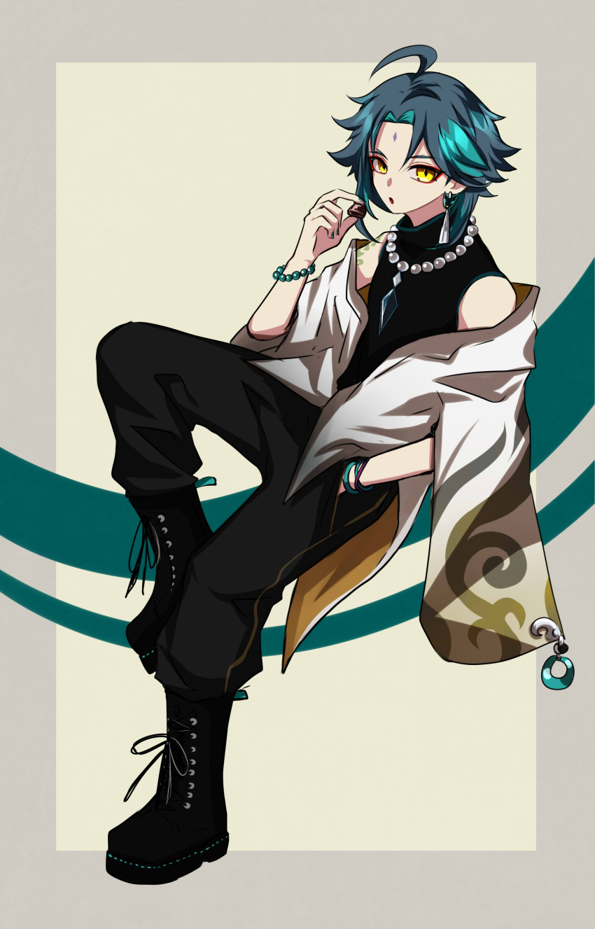1boy absurdres ahoge arm_tattoo bangs bare_shoulders bead_necklace beads black_hair boots bracelet chocolate diamond-shaped_pupils diamond_(shape) eyebrows_visible_through_hair facial_mark food forehead_mark full_body genshin_impact green_hair hand_in_pocket highres holding holding_chocolate holding_food jacket jacket_removed jewelry long_hair looking_at_viewer male_focus multicolored_hair necklace open_mouth parted_bangs rvve simple_background sleeveless slit_pupils solo symbol-shaped_pupils tattoo xiao_(genshin_impact) yellow_eyes