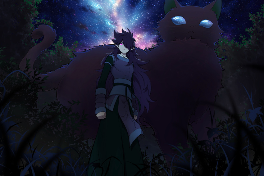 2boys dark feet_out_of_frame fengxi_(the_legend_of_luoxiaohei) hair_over_one_eye highres long_hair luoxiaohei mayracle multiple_boys night night_sky outdoors pointy_ears sky star_(sky) starry_sky the_legend_of_luo_xiaohei tree very_long_hair violet_eyes