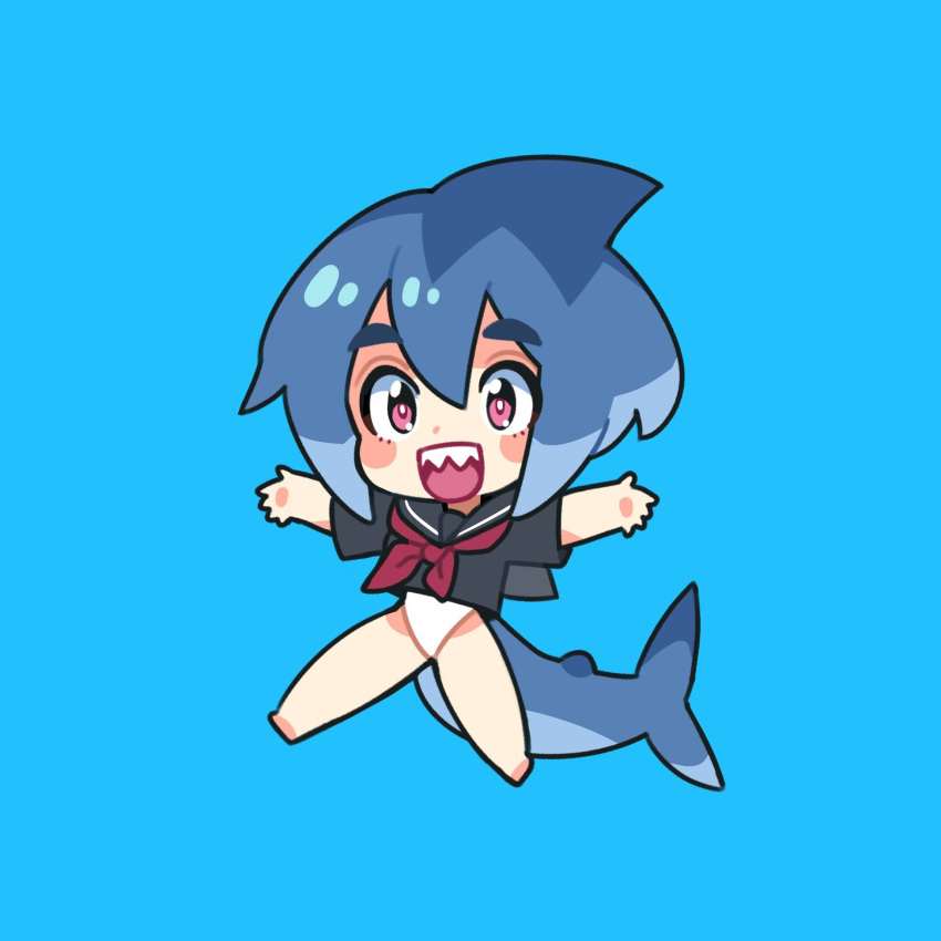 :d azuumori bare_legs barefoot black_sailor_collar black_shirt blue_background blue_hair blush_stickers chibi fish_tail highres looking_at_viewer medium_hair neckerchief one-piece_swimsuit open_mouth original outstretched_arms pink_eyes red_neckwear sailor_collar school_uniform serafuku shark_fin shark_girl_(azuumori) shark_tail sharp_teeth shirt short_sleeves simple_background smile spread_arms swimsuit swimsuit_under_clothes tail teeth white_swimsuit