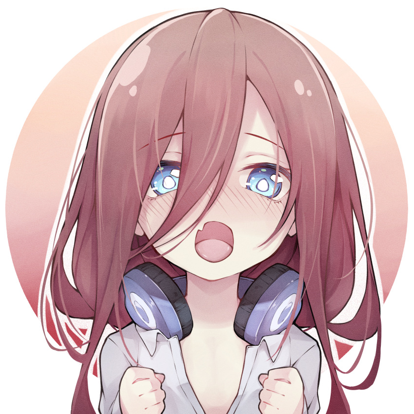 1girl absurdres blue_eyes blush commentary_request eyebrows_visible_through_hair fang go-toubun_no_hanayome hair_between_eyes headphones headphones_around_neck highres huge_filesize long_hair looking_at_viewer mmhomm nakano_miku open_mouth redhead shirt skin_fang solo upper_body white_shirt