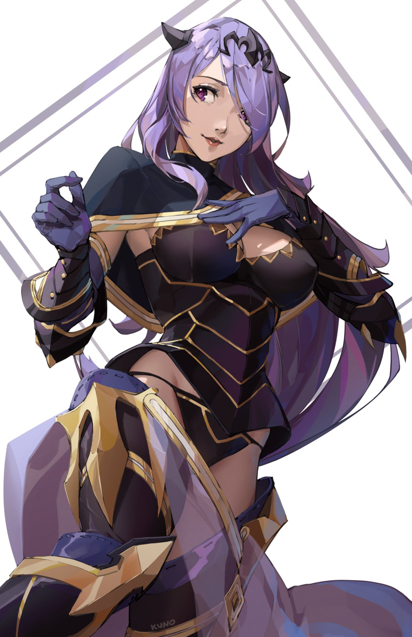 1girl absurdres bangs boots breasts camilla_(fire_emblem) capelet detached_sleeves fire_emblem fire_emblem_heroes gloves hair_ornament hair_over_one_eye hand_on_own_chest highres kuno_(runkunochan) large_breasts looking_to_the_side purple_hair thigh-highs thigh_boots tiara upper_body violet_eyes