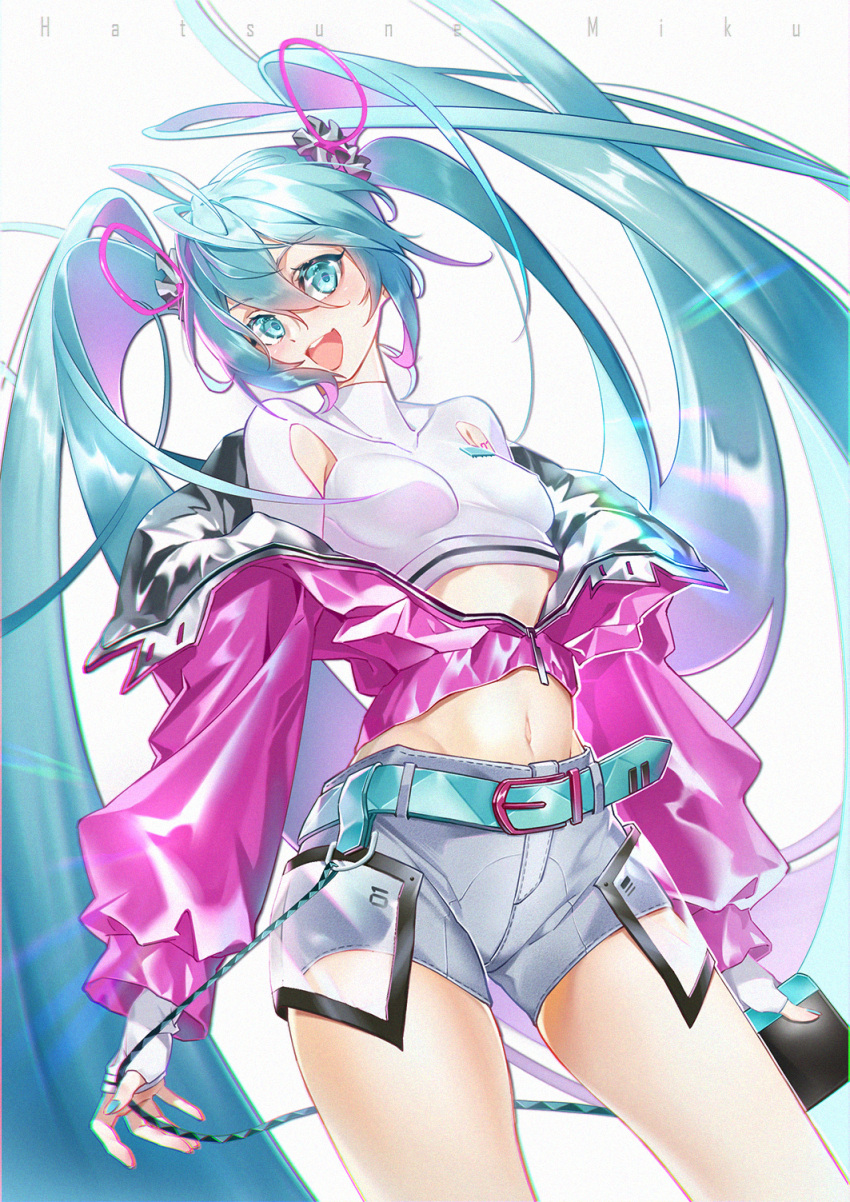 1girl :d absurdly_long_hair armpit_cutout bangs bare_legs belt belt_buckle blue_belt blue_eyes blue_hair blush breasts buckle character_name clothing_cutout crop_top fingerless_gloves floating_hair gloves groin hair_between_eyes hair_ornament hatsune_miku highres holding jacket long_hair looking_at_viewer midriff navel open_clothes open_jacket partially_unzipped pink_jacket shiny shiny_hair short_shorts shorts small_breasts smile solo standing stomach twintails very_long_hair vieny vocaloid white_background white_gloves white_shorts