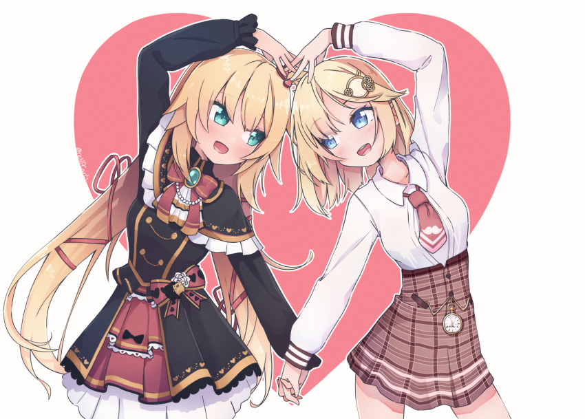 2girls :d akai_haato blonde_hair blue_eyes blush grey_background hair_ornament hair_ribbon heart heart_arms_duo heart_background holding_hands hololive hololive_english long_hair long_sleeves looking_at_another monocle_hair_ornament multiple_girls necktie open_mouth pocket_watch red_neckwear renpc ribbon short_hair smile twitter_username virtual_youtuber watch watson_amelia