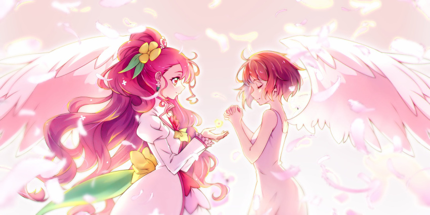2girls back_bow bow closed_mouth cure_grace dress feathered_wings flower from_side hair_flower hair_ornament hanadera_nodoka hands_clasped healin'_good_precure highres kyoutsuugengo long_hair long_sleeves multiple_girls own_hands_together precure profile redhead short_hair sleeveless sleeveless_dress smile sundress very_long_hair white_dress white_wings wings yellow_bow yellow_flower