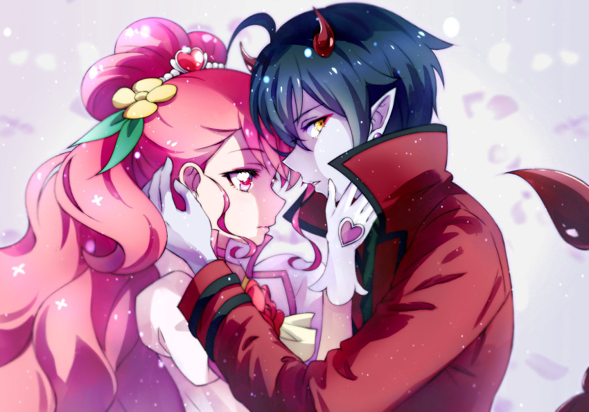 1boy 1girl black_hair couple daruizen earrings gloves hanadera_nodoka healin'_good_precure hetero highres horns jacket jewelry kyoutsuugengo long_hair long_sleeves looking_at_another looking_at_viewer looking_to_the_side parted_lips pointy_ears precure profile red_eyes red_jacket redhead shiny shiny_hair short_hair single_horn upper_body very_long_hair white_gloves yellow_eyes
