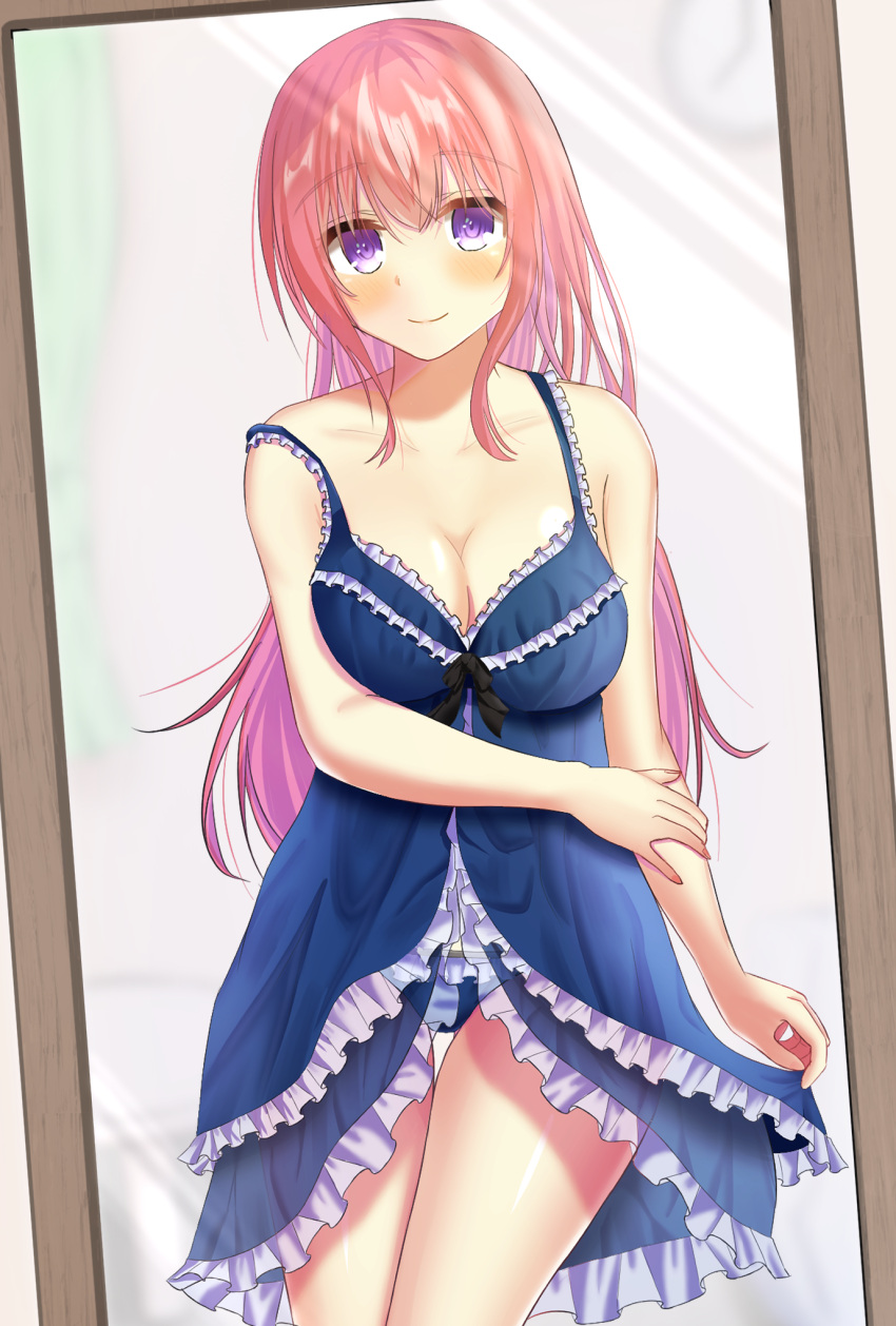 1girl blue_dress blue_panties blush breasts clock closed_mouth dress highres holding indoors long_hair looking_at_mirror looking_at_viewer mirror moe2021 original panties pantyshot pink_hair shia0016 smile solo standing underwear vanity_table violet_eyes wall_clock