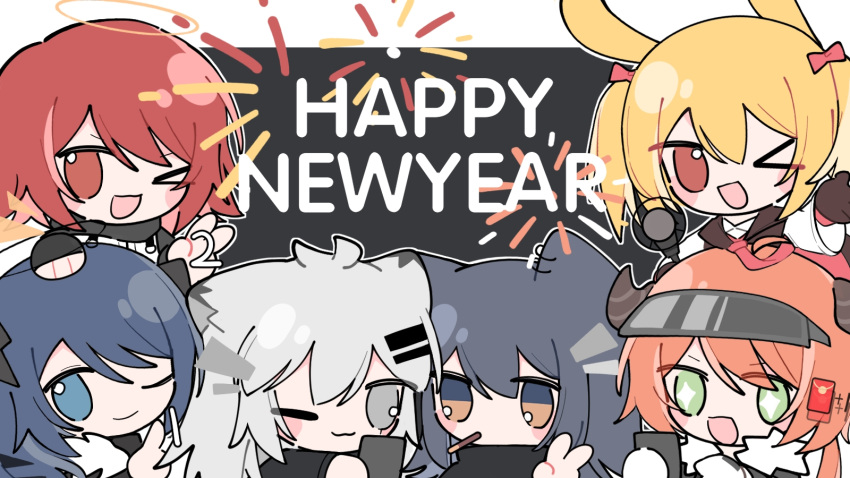 &gt;_o +_+ 6+girls ;) ;d aerial_fireworks animal_ears arknights black_background black_hair black_jacket blonde_hair blush_stickers bow brown_eyes brown_gloves brown_hair cellphone chibi closed_mouth croissant_(arknights) exusiai_(arknights) fireworks food food_in_mouth gloves green_eyes grey_eyes grey_hair hair_bow halo happy_new_year highres holding holding_phone jacket lappland_(arknights) long_sleeves mostima_(arknights) mouth_hold multiple_girls new_year one_eye_closed open_mouth phone pink_bow pocky rabbit_ears shirt smile sora_(arknights) texas_(arknights) twintails two-tone_background v white_background white_jacket white_shirt wide_sleeves xijian