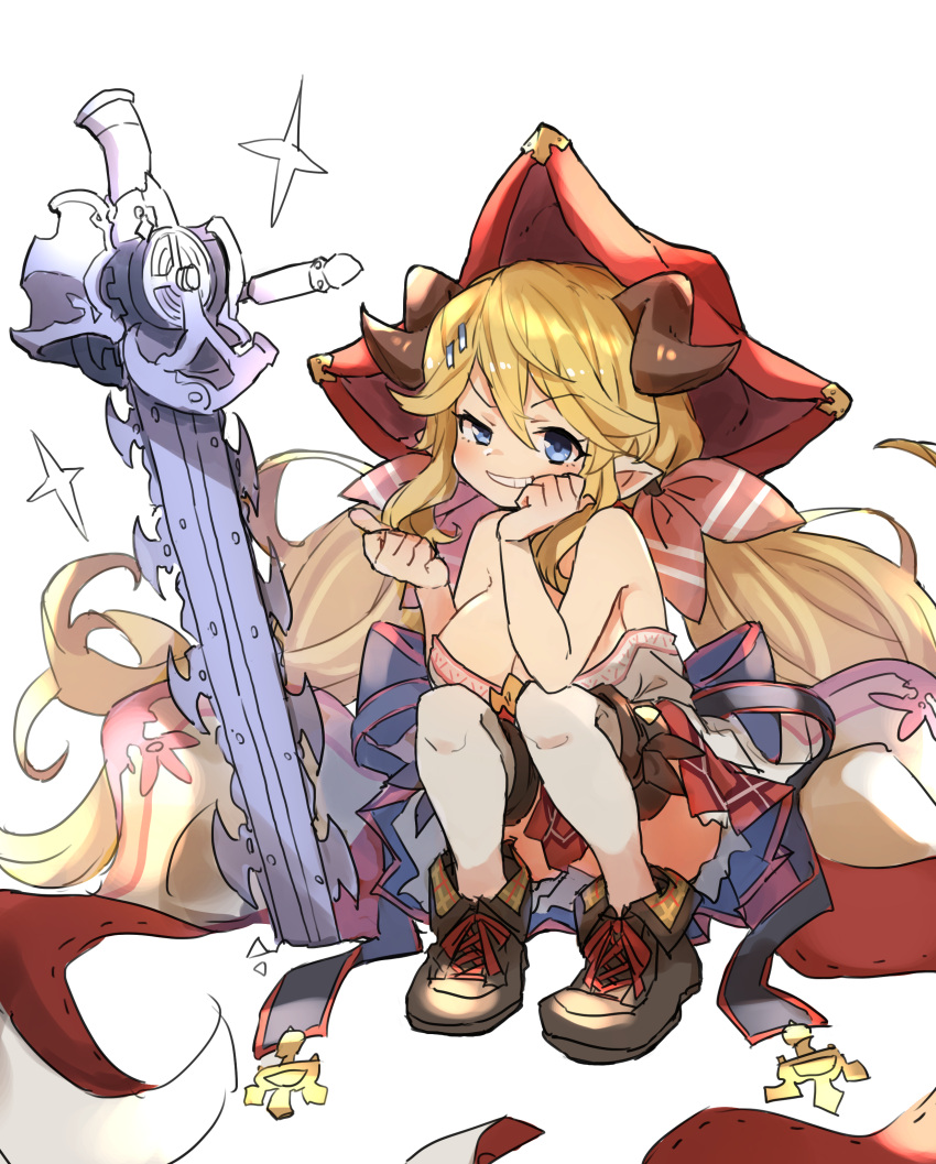 1girl absurdres blonde_hair blue_eyes breasts chainsaw draph gazacy_(dai) granblue_fantasy grin hallessena hat highres horns large_breasts long_hair low_twintails planted_weapon smile squatting thigh-highs twintails weapon