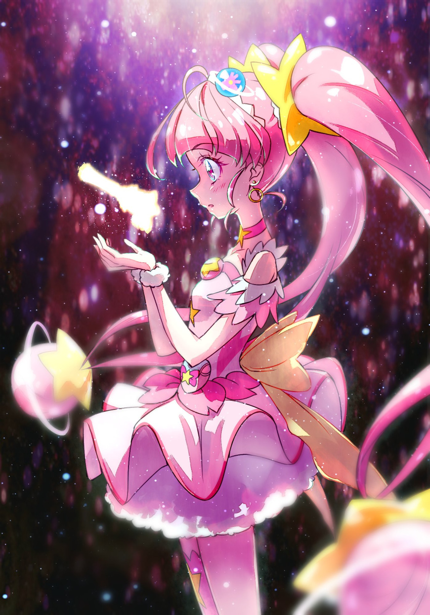 1girl bangs blunt_bangs blush choker cure_star dress eyebrows_visible_through_hair floating_hair from_side highres kyoutsuugengo layered_dress long_hair open_mouth pink_choker pink_hair precure profile scrunchie shiny shiny_hair short_dress sleeveless sleeveless_dress solo standing star_twinkle_precure twintails very_long_hair white_scrunchie wrist_scrunchie