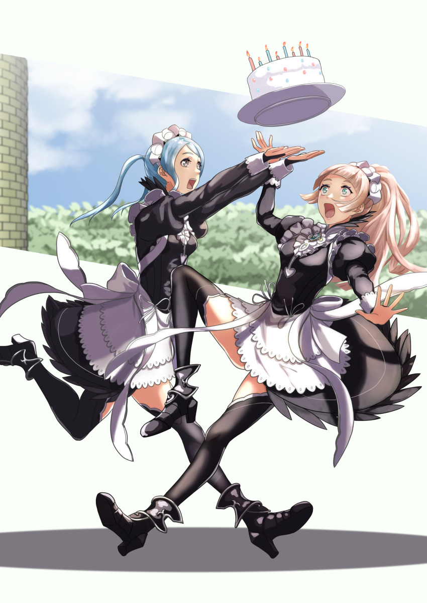 2girls absurdres apron aqua_eyes birthday_cake black_dress black_feathers black_legwear blue_hair bow breasts bridal_gauntlets cake clouds commentary_request day dress dropping feathers felicia_(fire_emblem) fire_emblem fire_emblem_fates flora_(fire_emblem) food grey_eyes high_heels highres juliet_sleeves long_sleeves maid maid_headdress multiple_girls open_mouth outdoors pink_hair ponytail puffy_long_sleeves puffy_sleeves ribbon shadow siblings sisters sky sukkirito_(rangusan) thigh-highs twins waist_apron white_apron white_bow white_ribbon zettai_ryouiki