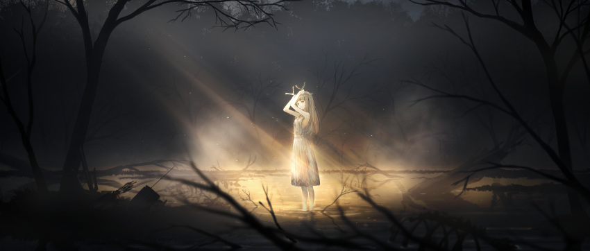 1girl absurdres antlers arknights arms_up bare_shoulders bare_tree brown_hair dress fog green_eyes highres huge_filesize light_particles light_rays long_hair looking_at_viewer outdoors parted_lips reflection ripples solo standing tree water wet white_dress widea7
