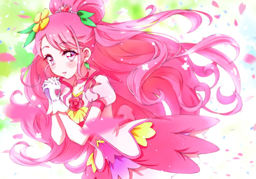 1girl blush choker collarbone cure_grace dress earrings floating_hair flower gloves hair_flower hair_ornament hands_clasped healin'_good_precure highres interlocked_fingers jewelry kyoutsuugengo layered_dress long_hair own_hands_together petals pink_choker pink_dress pink_eyes pink_hair precure shiny shiny_hair short_sleeves solo standing tied_hair very_long_hair white_gloves yellow_flower