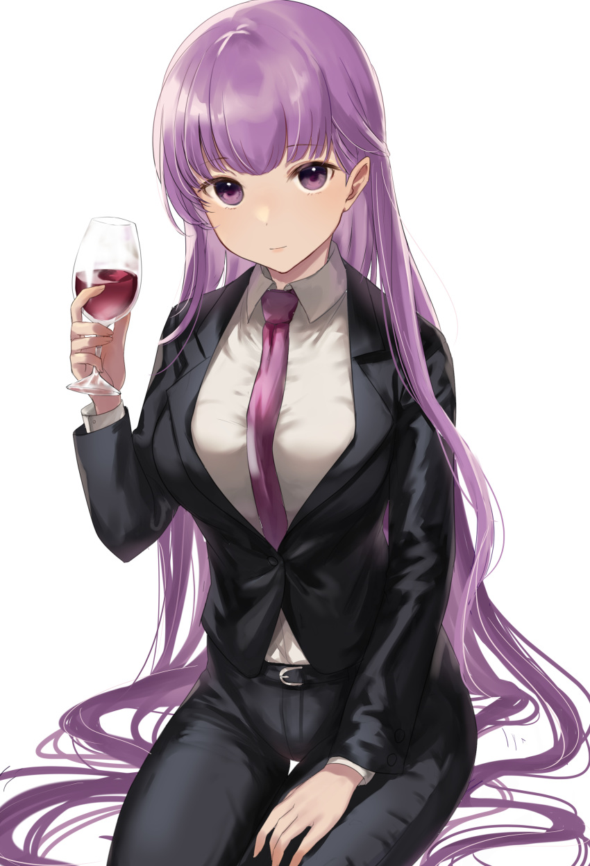 1girl absurdres alcohol belt black_clothes breasts commission commissioner_upload couch cup drinking_glass ears fire_emblem fire_emblem:_the_binding_blade formal haru_(nakajou-28) highres holding holding_cup long_hair looking_at_viewer looking_up medium_breasts necktie pant_suit purple_hair red_wine sitting_on_hair solo sophia_(fire_emblem) suit transparent_background very_long_hair violet_eyes wine wine_glass