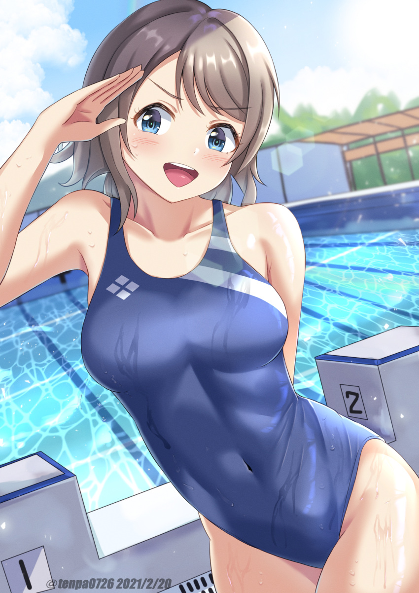 1girl arm_behind_back blue_eyes blue_sky blue_swimsuit blurry breasts clouds commentary_request competition_swimsuit cowboy_shot dated day depth_of_field grey_hair highres love_live! love_live!_sunshine!! medium_breasts one-piece_swimsuit open_mouth outdoors pool salute short_hair sky solo starting_block swimsuit tenpa_(tenpa2190) twitter_username upper_teeth watanabe_you water wet wet_clothes wet_swimsuit