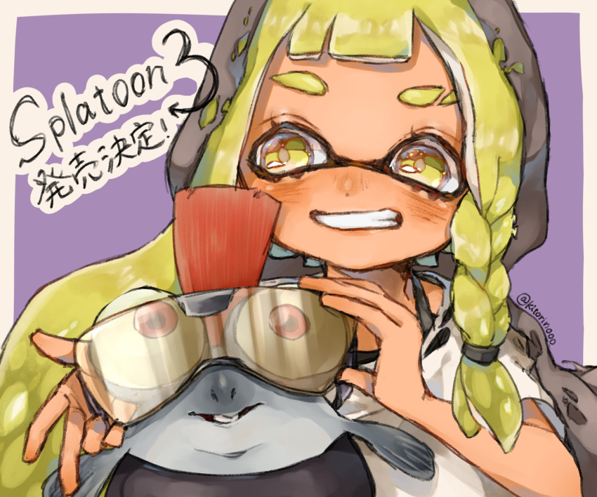 1girl asymmetrical_hair bangs braid copyright_name domino_mask goggles green_eyes grin highres inkling kitorino light_green_hair long_hair mask salmonid shirt short_sleeves single_braid smallfry_(splatoon) smile splatoon_(series) splatoon_3 t-shirt teeth tentacle_hair torn_clothes torn_shirt twitter_username upper_body white_shirt