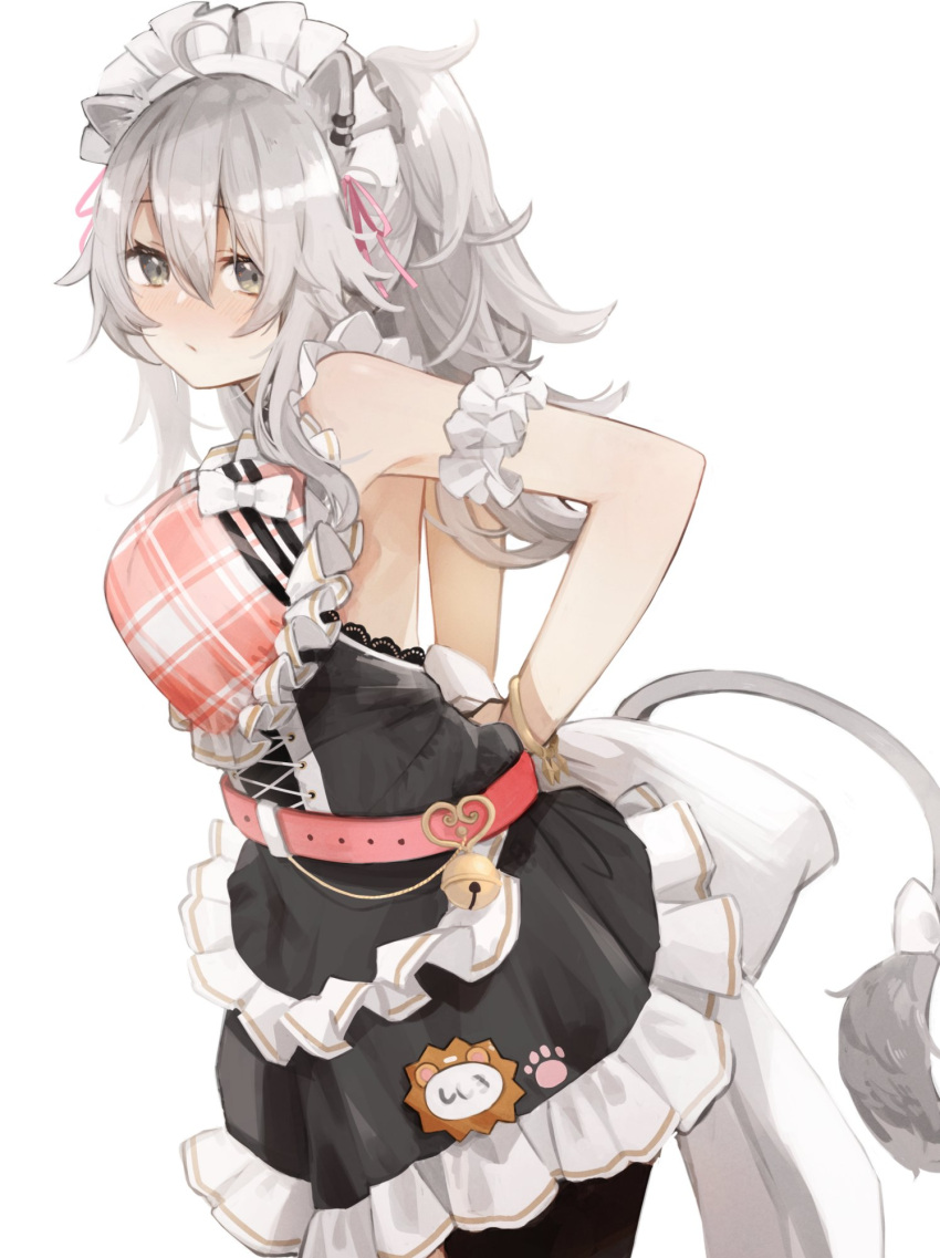 1girl alternate_costume alternate_hairstyle animal_ears apron arm_garter arms_behind_back bell belt black_dress black_legwear blush bow bracelet breasts closed_mouth commentary cowboy_shot dress ear_piercing eyebrows_visible_through_hair frilled_dress frills from_side grey_eyes hair_between_eyes hair_ribbon highres hololive jewelry kase_(kurimuzone_oruta) lace_trim large_bow lion_ears lion_tail long_hair looking_at_viewer maid_headdress medium_breasts paw_print piercing pink_apron pink_belt pink_ribbon plaid plaid_apron ponytail ribbon shishiro_botan silver_hair simple_background sleeveless sleeveless_dress solo tail virtual_youtuber white_background white_bow