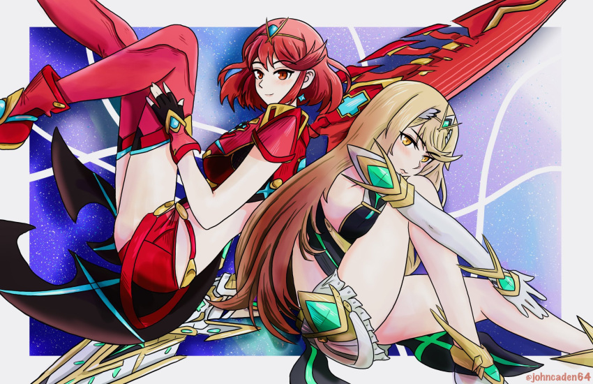 2girls blonde_hair jewelry mythra_(xenoblade) pyra_(xenoblade) redhead super_smash_bros._ultimate xenoblade_(series) xenoblade_2