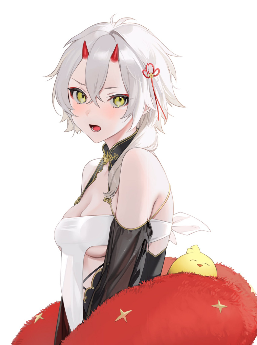 1girl azur_lane bangs bare_shoulders detached_collar detached_sleeves hair_between_eyes hair_ornament highres horns kinu_(azur_lane) looking_at_viewer ohisashiburi oni_horns open_mouth see-through see-through_silhouette see-through_sleeves short_hair white_background white_hair yellow_eyes