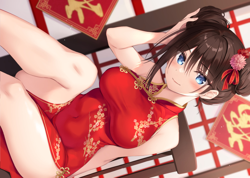 1girl bare_arms bare_shoulders blue_eyes blurry boku_no_kanojo_sensei breasts brown_hair chair china_dress chinese_clothes closed_mouth covered_navel depth_of_field double_bun dress dutch_angle fujiki_maka gold_trim hair_ornament hair_ribbon hand_up impossible_clothes impossible_dress large_breasts long_hair looking_at_viewer no_panties oryou pelvic_curtain print_dress red_dress ribbon sitting sleeveless sleeveless_dress smile solo taut_clothes taut_dress thighs tied_hair