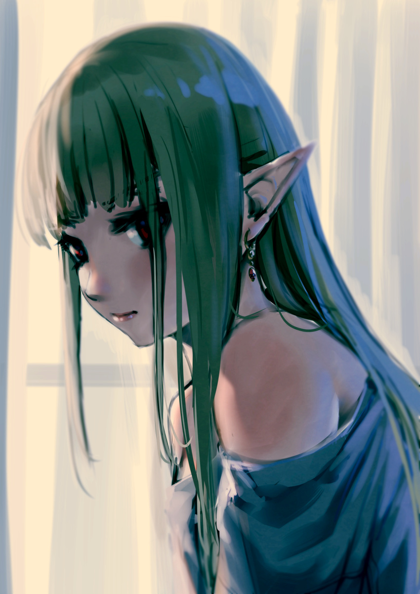 1girl bangs bare_shoulders blue_shirt closed_mouth commentary_request curtains earrings elf eyebrows_visible_through_hair green_hair highres jewelry long_hair looking_at_viewer off_shoulder original pointy_ears red_eyes shirt solo too-ye transparent upper_body window