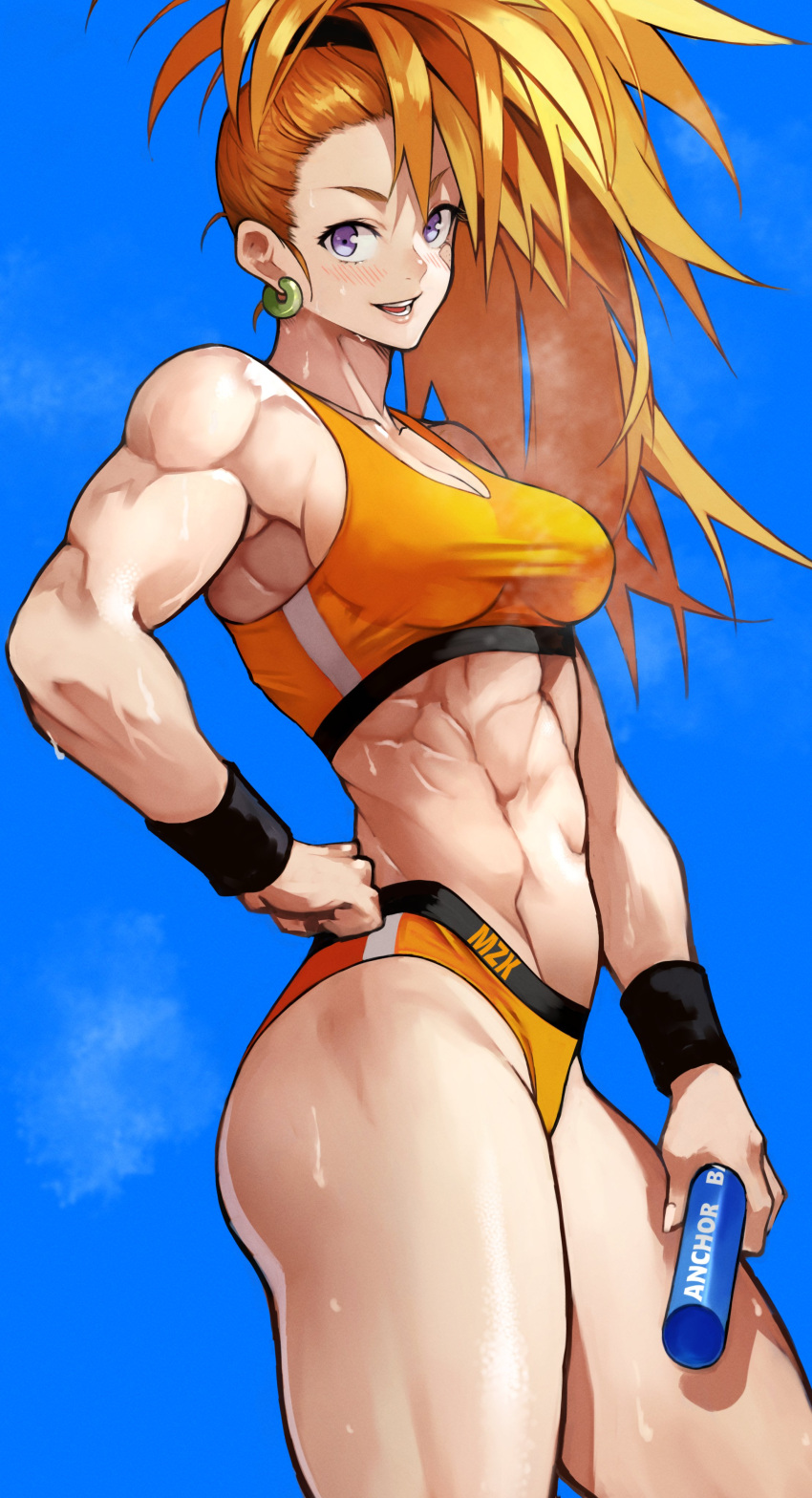1girl abs absurdres bandaid bandaid_on_face blue_sky blush breasts captain_mizuki clouds day earrings hand_on_hip highres jewelry large_breasts looking_at_viewer midriff muscular muscular_female navel one-punch_man orange_hair side_ponytail sky smile solo sweat teeth thighs violet_eyes yoshio_(55level)