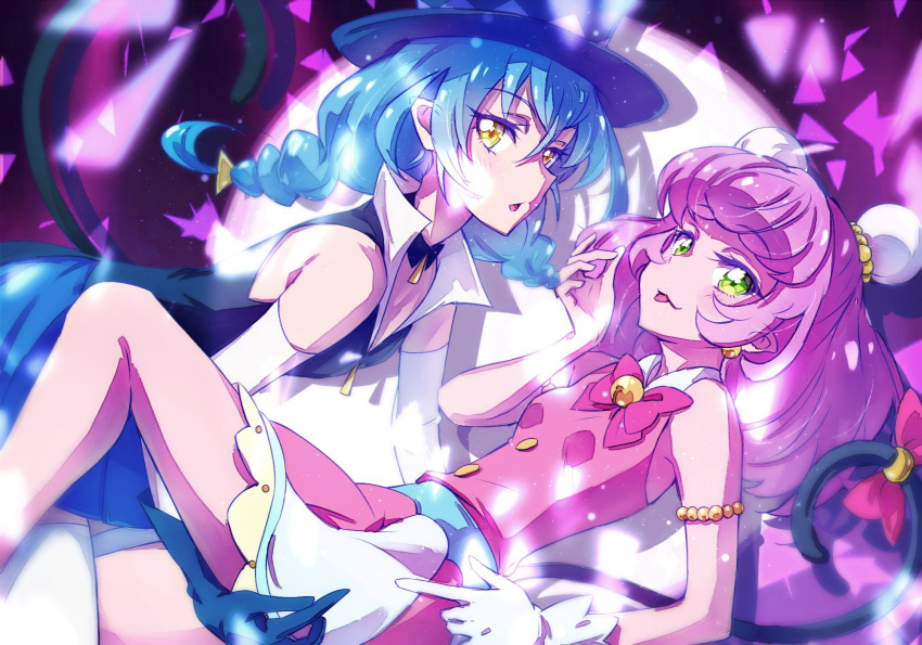 2girls black_choker black_jacket blue_cat blue_gloves blue_hair blue_headwear blue_skirt bow bowtie braid bun_cover cat_tail choker detached_sleeves double_bun dress gloves green_eyes highres jacket kyoutsuugengo long_hair long_sleeves mao_(precure) miniskirt multiple_girls open_mouth pink_dress pink_hair pleated_skirt pointy_ears precure red_bow red_neckwear shiny shiny_hair skirt sleeveless sleeveless_dress sleeveless_jacket star_twinkle_precure tail tail_bow tail_ornament thigh-highs tongue tongue_out twin_braids twintails white_gloves white_legwear white_sleeves yellow_eyes yuni_(precure) zettai_ryouiki