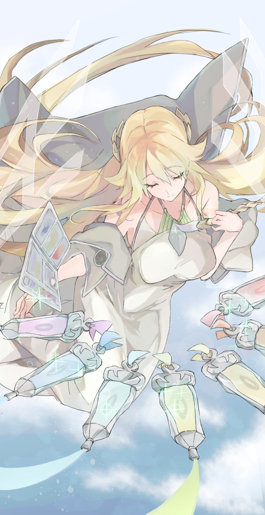 1girl absurdres bangs bare_shoulders blonde_hair breasts closed_eyes collarbone dress duel_monster eyebrows_visible_through_hair feet_out_of_frame floating floating_hair highres holding holding_paintbrush long_hair paint_tube paintbrush smile solo sparkle the_weather_painter_rainbow tsumayouji_(dekosoko) yu-gi-oh!